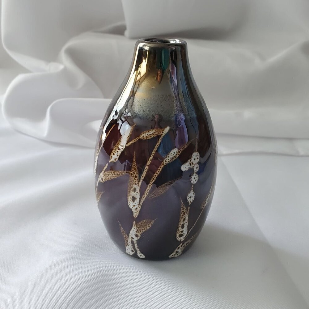 VTG Ceramic 5" Vase With Metallic Finish Brown with Wheat Design Bud Vase - Picture 3 of 12